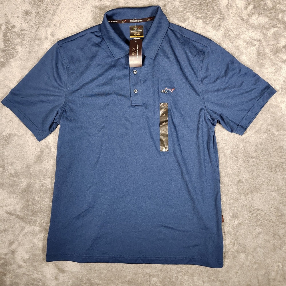 Greg Norman Polo Mens Medium Blue Socket Five Iron Play Dry Tasso Elba NEW